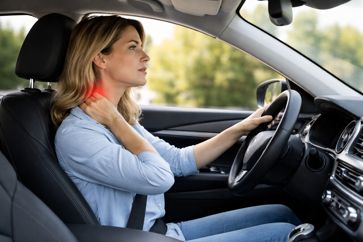 Driver seated in a car with subtle red highlight at the base of the neck indicating discomfort
