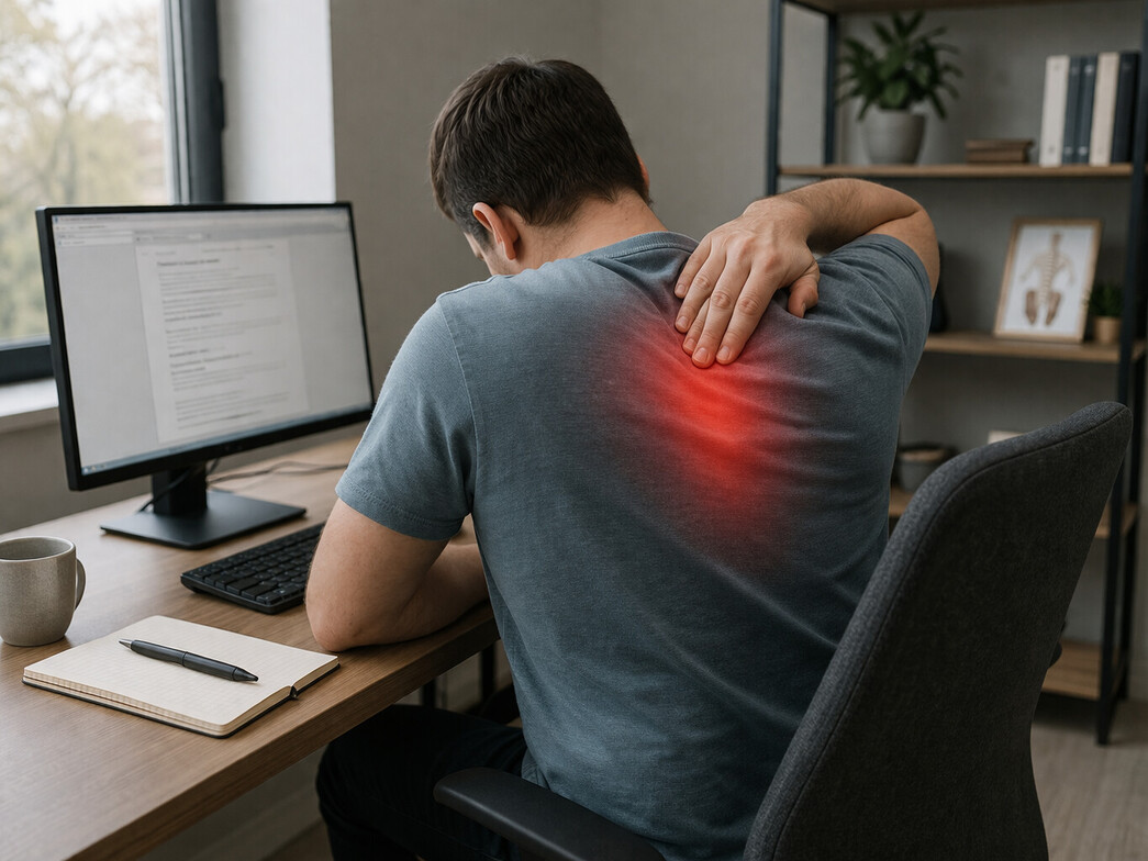 Person holding shoulder blade area with subtle upper back pain indicator while sitting at a desk in Olathe