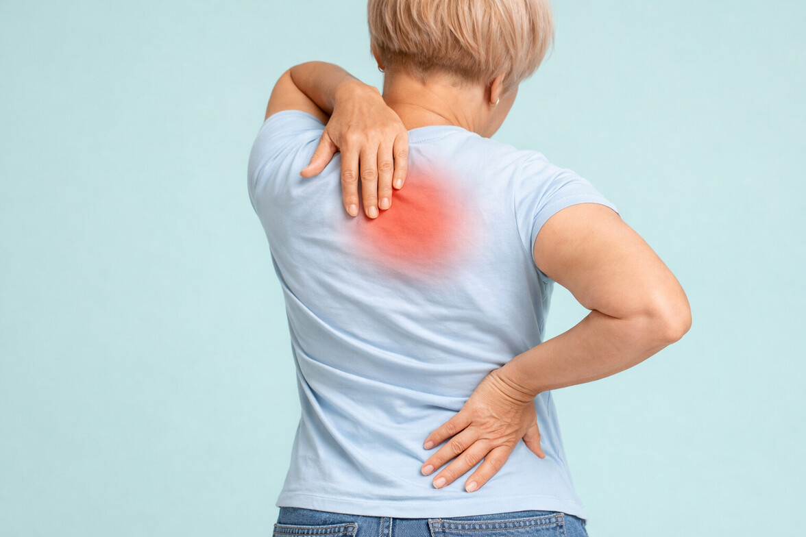 Rear view of person touching area under shoulder blade with subtle red indicator showing upper back pain in Olathe