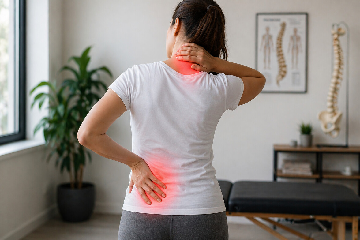 Patient with highlighted neck and low back pain from posture stress in chiropractic clinic Olathe KS